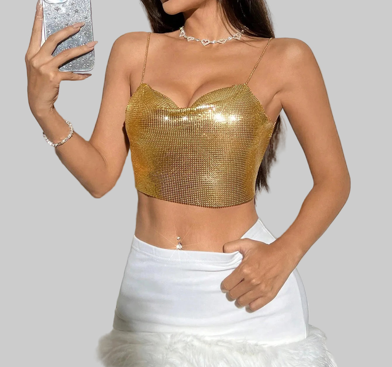 Metallic Sequin Chain Crop Top - Deep V-Neck Backless