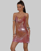 Metallic Sequin Halter Mini Dress - Deep V-Neck with Side Split
