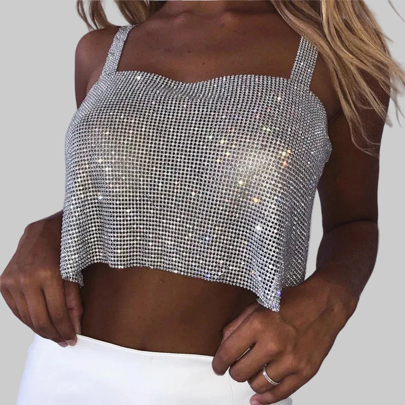 Rhinestone Backless Crop Top - Sparkly Sequin Camisole Tank