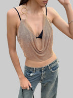 Full Diamond Sequin Halter Crop Top - Deep V-Neck Backless Tank