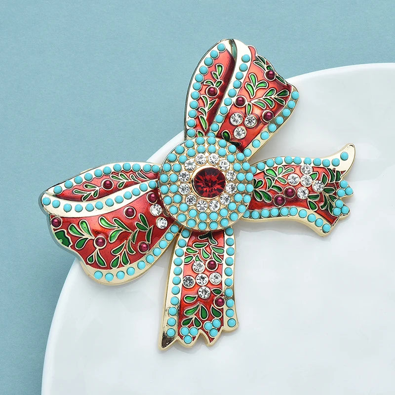 Vintage-Inspired Enamel Bowknot Brooch | Rhinestone | Statement Pin