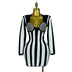 Stripe Long-Sleeve Bandage Mini Dress | Spiral Bust | Black & White