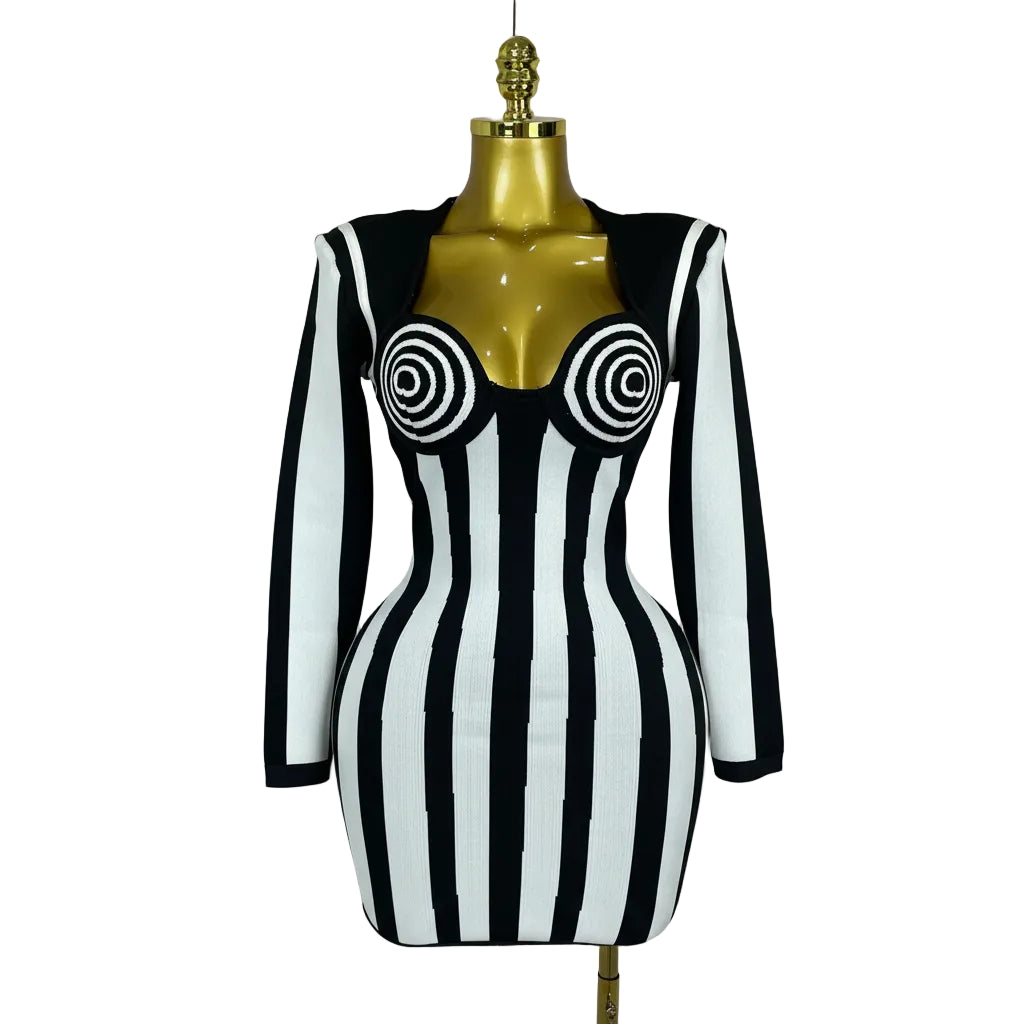 Stripe Long-Sleeve Bandage Mini Dress | Spiral Bust | Black & White