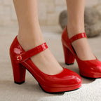 Round-Toe Mary Jane Platform Pumps — 9 cm Square Heel Extended Sizing