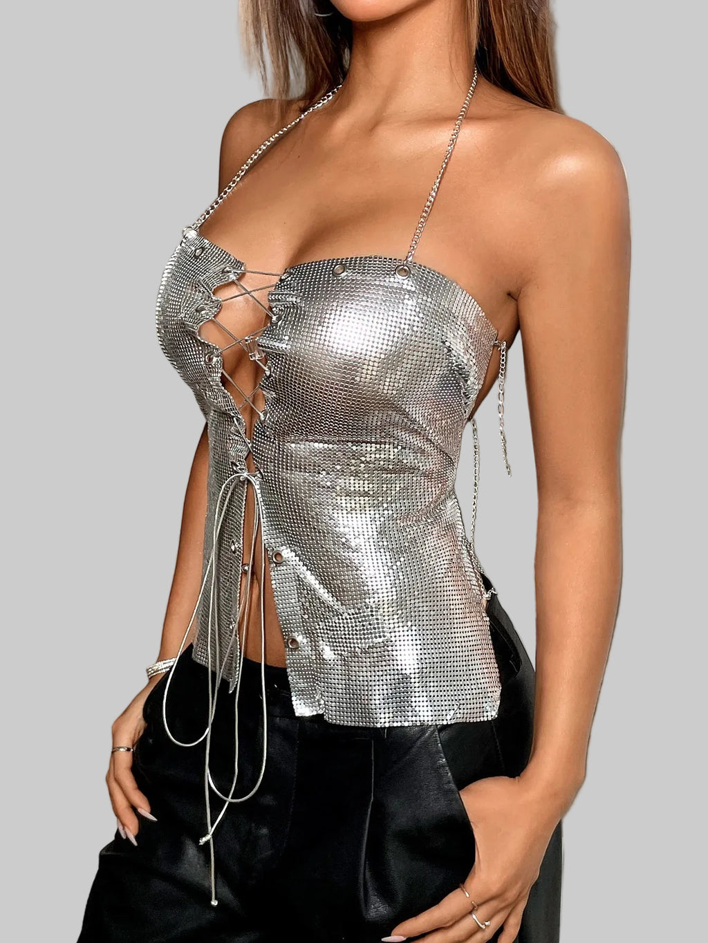 Metallic Sequin Bandage Crop Top - Off-Shoulder Halter