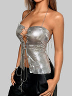 Metallic Sequin Bandage Crop Top - Off-Shoulder Halter