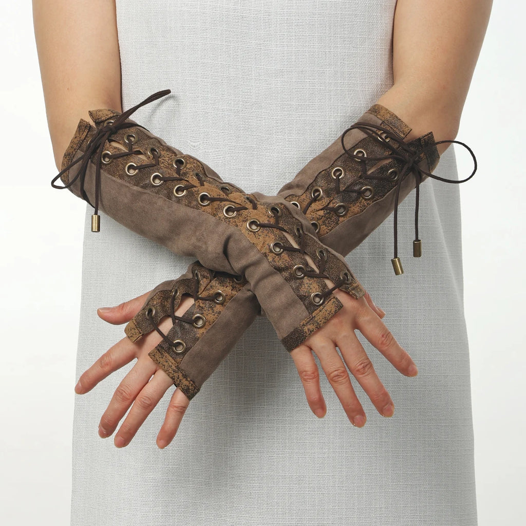 Steampunk Arm Warmers | Lace-Up Fingerless | Elbow Length