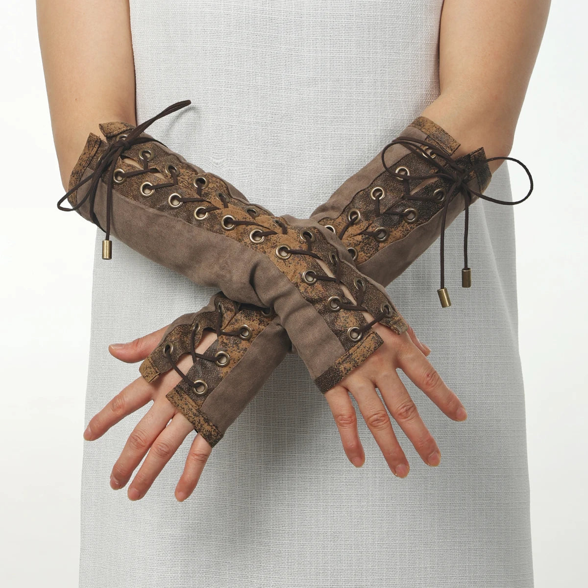 Steampunk Arm Warmers | Lace-Up Fingerless | Elbow Length