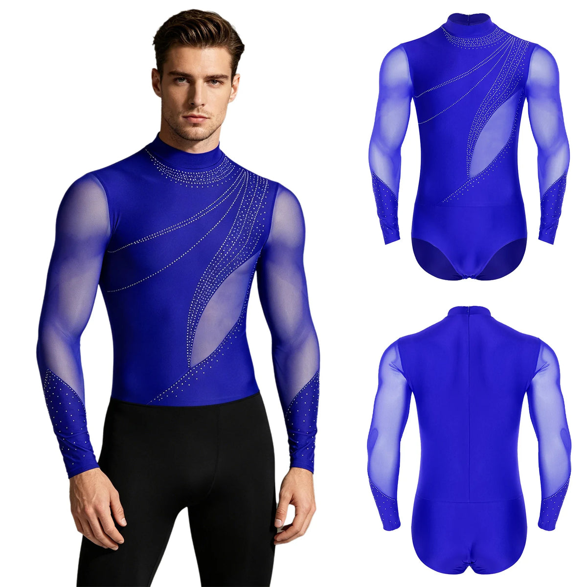 Men's Rhinestone Dance Leotard | Deep V-Neck & Velvet Mesh Patchwork | Long Sleeve