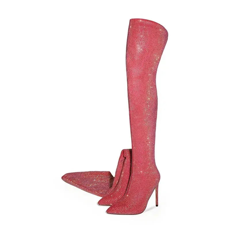 Rhinestone Over-the-Knee Stiletto Boots | Pointed Toe 12cm | 5 Colors