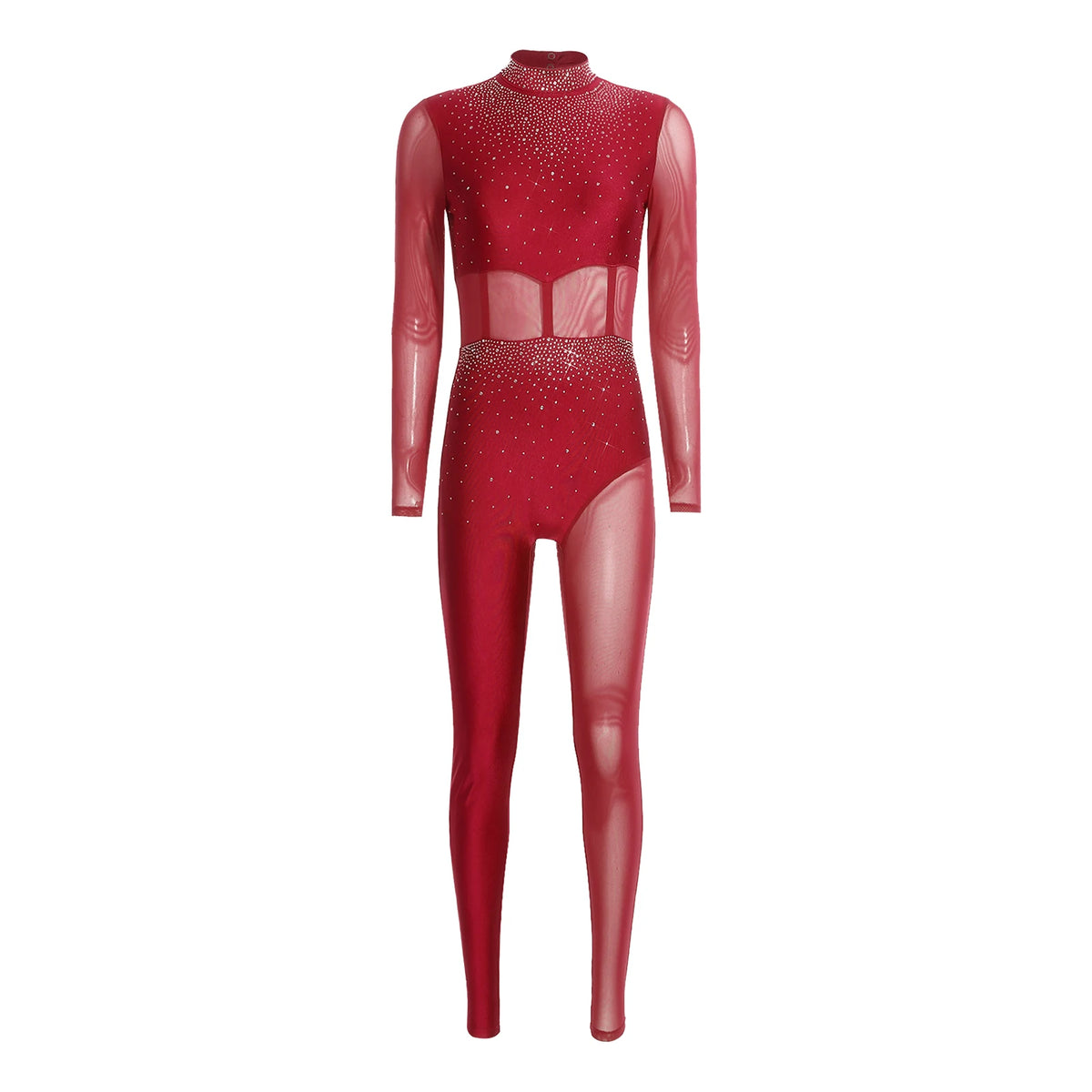 Women's Rhinestone Sheer Mesh Dance Jumpsuit | Mock Neck & One-Shoulder Styles | Gymnastics & Performance