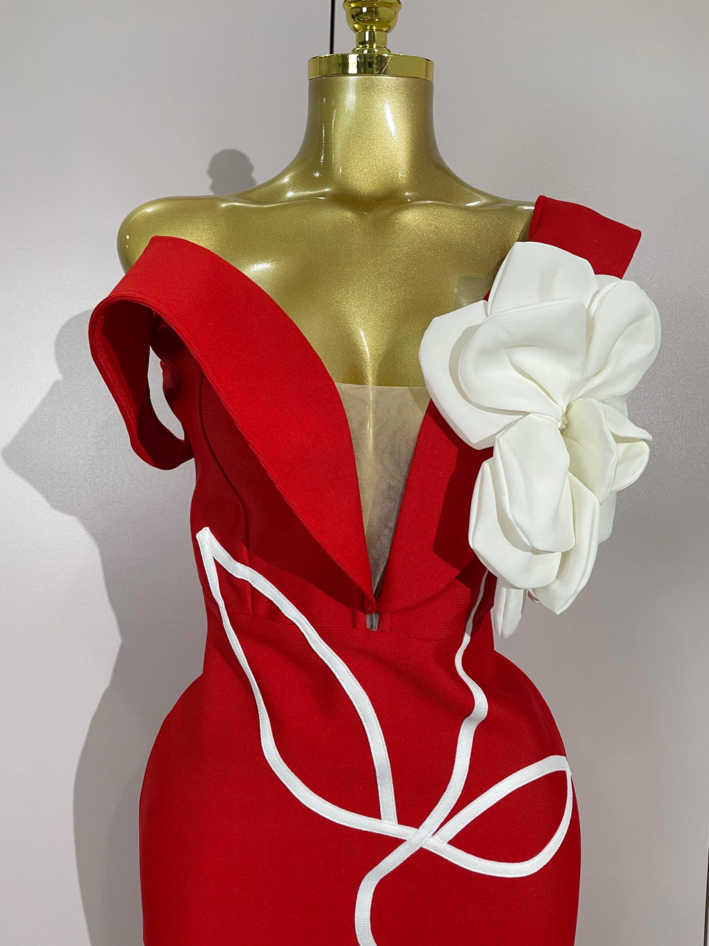 Off-Shoulder Bandage Midi Dress | 3D Rose Appliqué | Red & Black