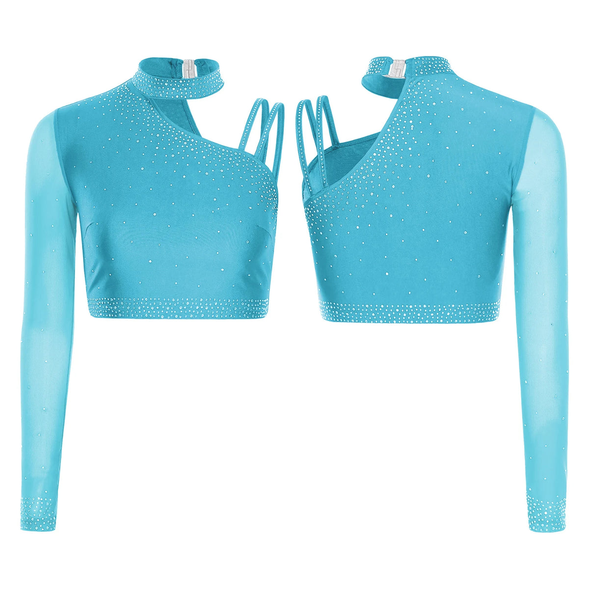 Rhinestone Asymmetric Dance Crop Top | One Mesh Sleeve | Latin Salsa Samba