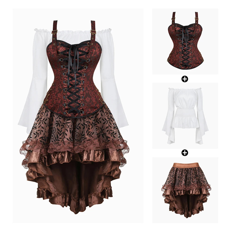 Steampunk Corset Dress | 3-Piece Set | 9 Colors | S-XXXL