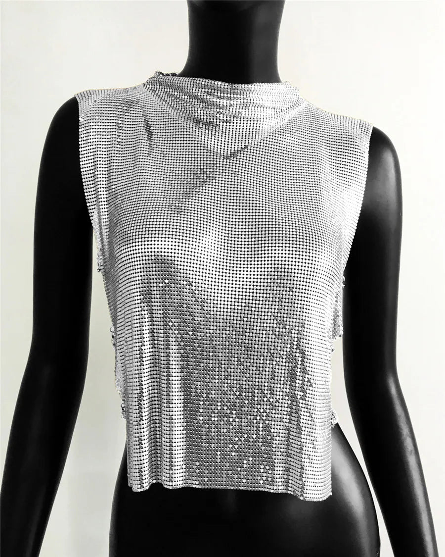 Metal Sequin Backless Crop Top with Rhinestone Chain