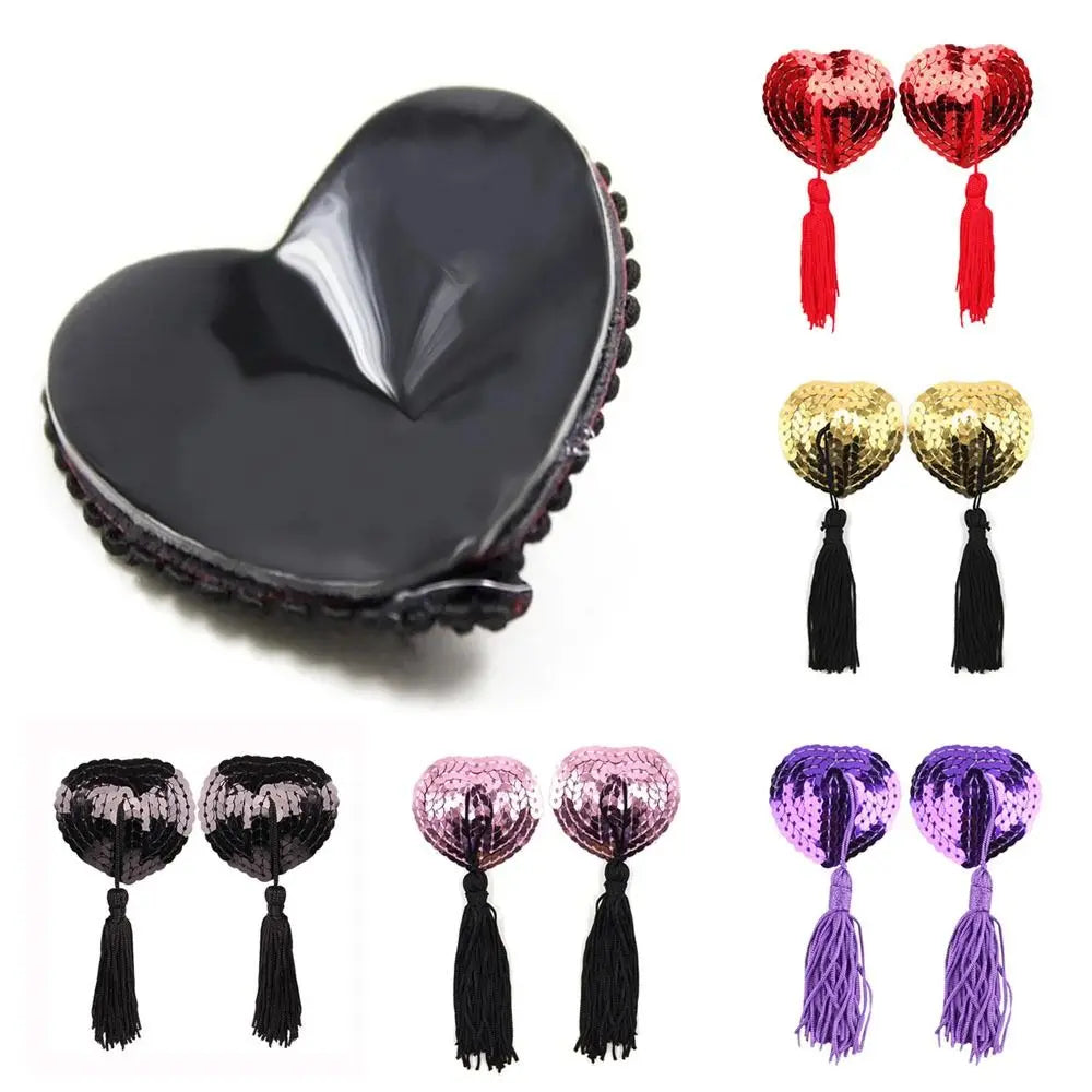 Sequin Heart Tassel Nipple Covers - Reusable Self-Adhesive Pasties for Performers
