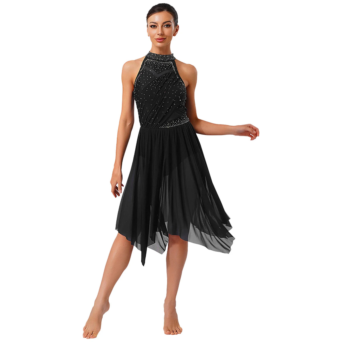 Women's Rhinestone Halter Lyrical Dance Dress | Irregular Mesh Ruffle Hem | Competition & Performance