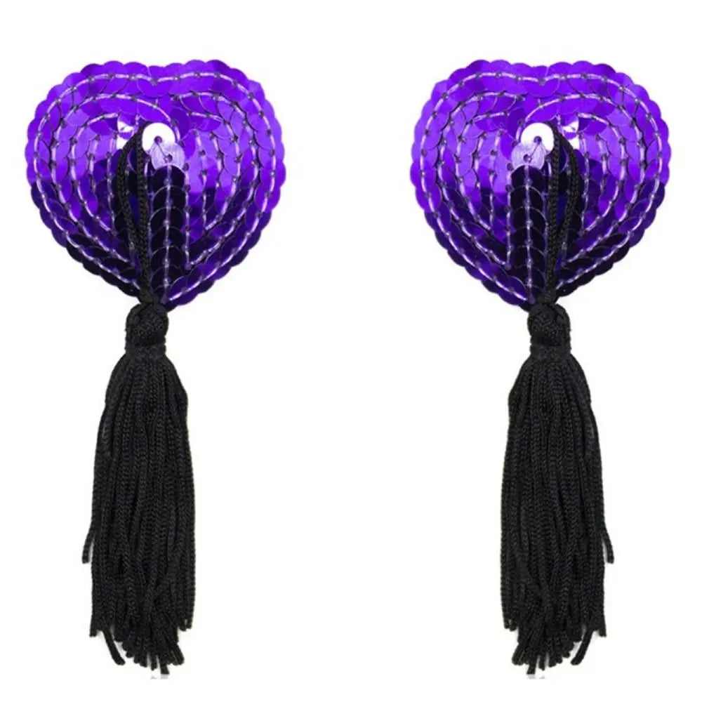 Sequin Heart Tassel Nipple Covers - Reusable Self-Adhesive Pasties for Performers