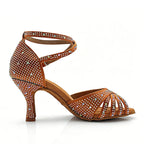 Women's Rhinestone Latin Heels | Bronze Satin | Multi-Height