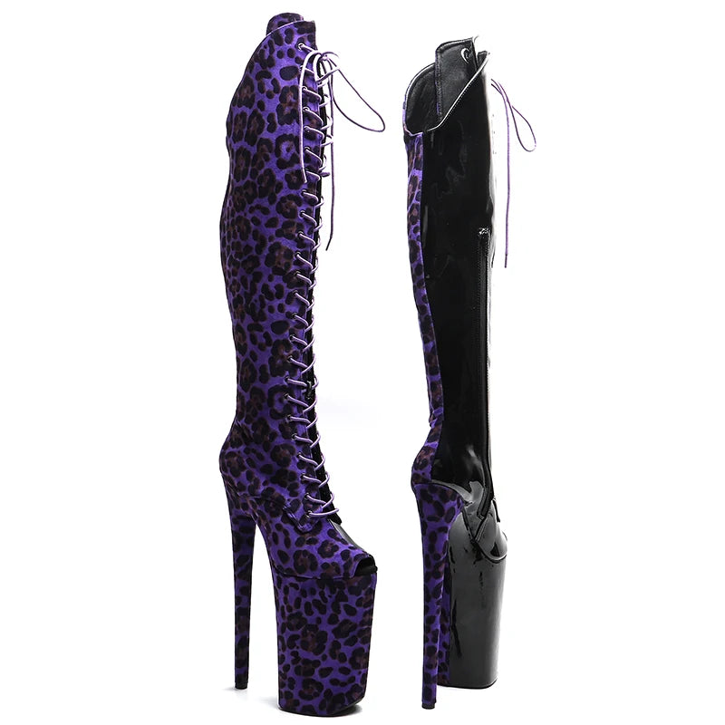 10-Inch Leopard Print Platform Boots - Thigh-High Patent Dance Boots