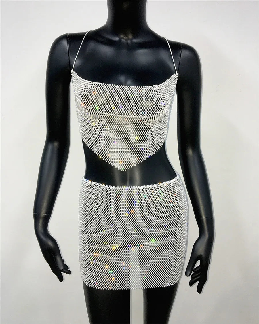 Rhinestone Crop Top & Mini Skirt Set - Sparkly 2-Piece Rave Outfit
