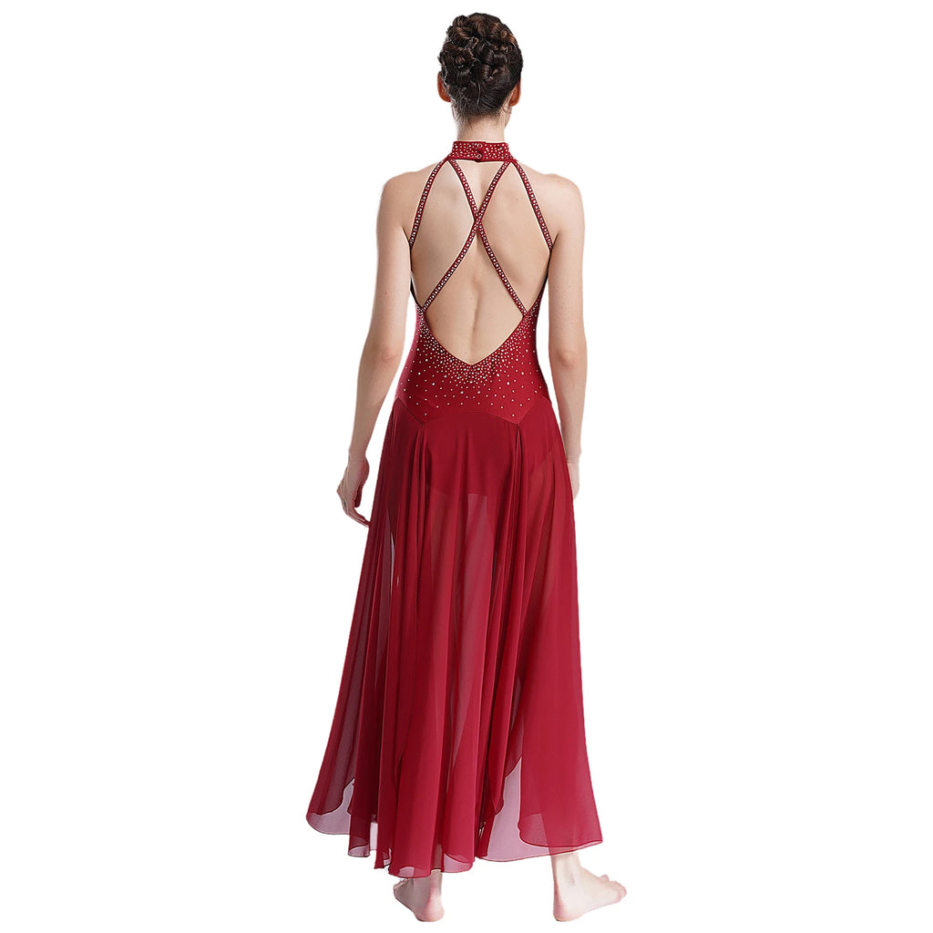 Women's Lyrical Dance Dress | Rhinestone Halter | Strappy Back | 8 Colors