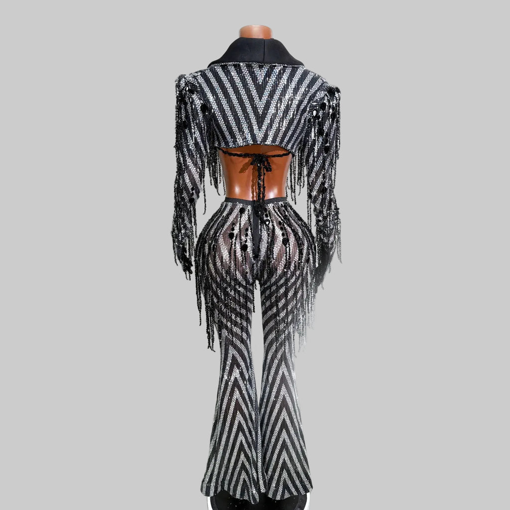 Black & White Stripes Tassel Flared Pants Coat – 2 Piece Stage Outfit
