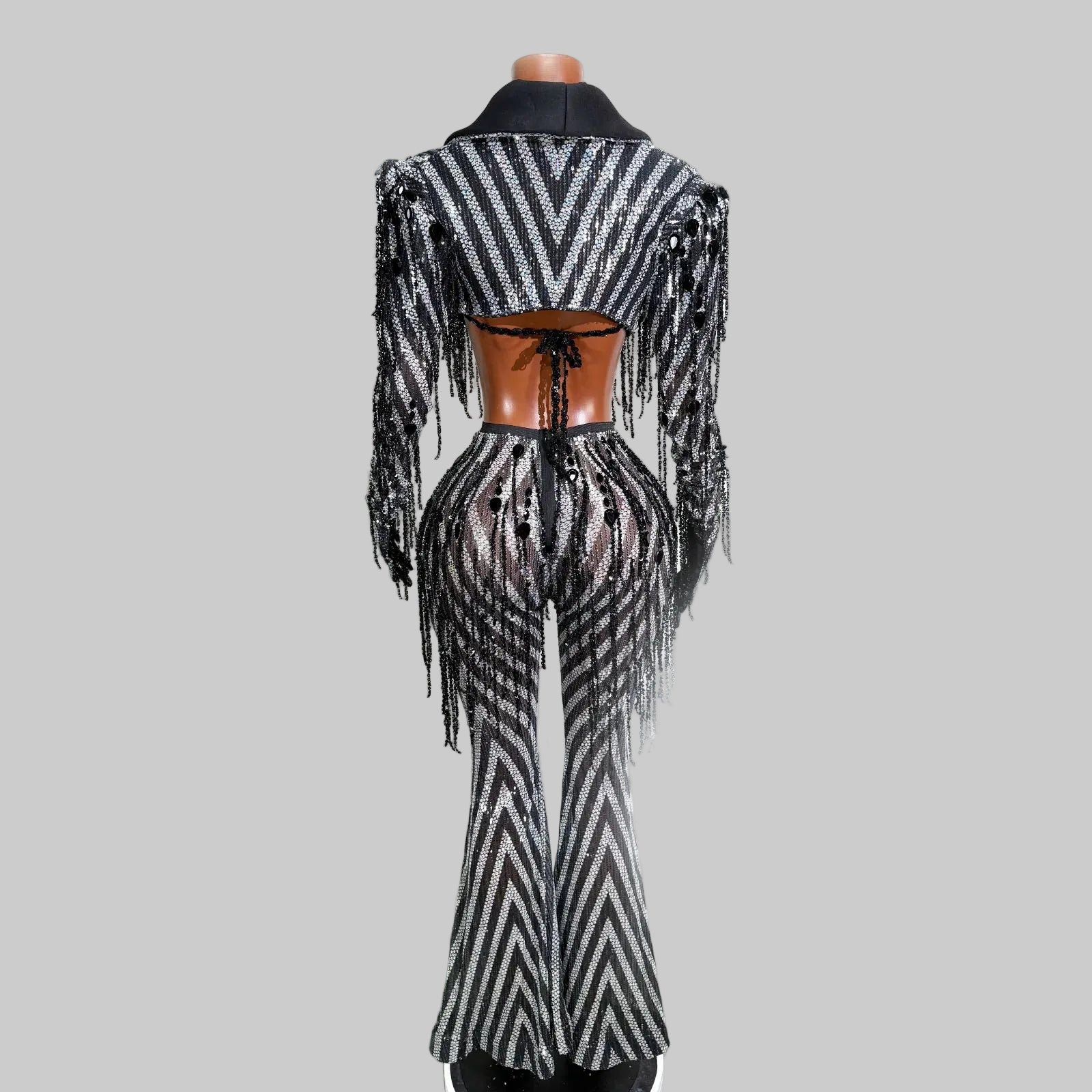 Black & White Stripes Tassel Flared Pants Coat – 2 Piece Stage Outfit