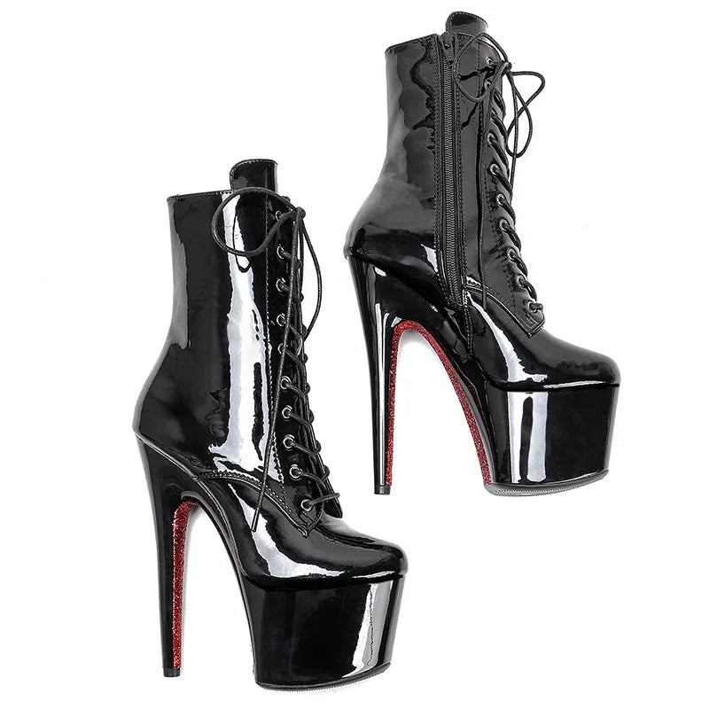 Patent Lace-Up Pole Dance Boots – 7-Inch High Heel Stage Shoes