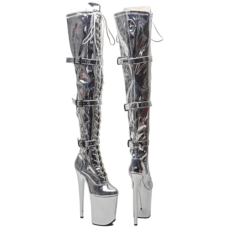 Silver Platform Pole Dance Boots – High Heel Lace-Up Stage Shoes