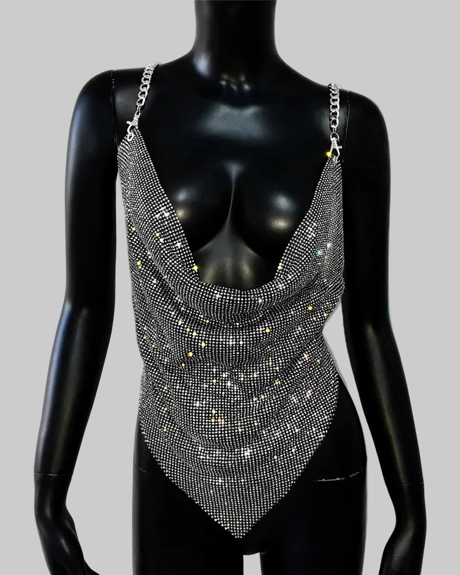 Sequin Diamond V-Neck Camisole - Backless Sling Top
