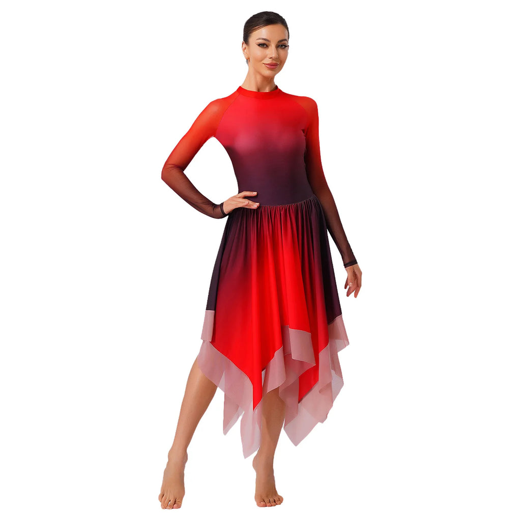 Gradient Lyrical Dance Dress | Mesh Long Sleeve | Keyhole Back | Irregular Hem