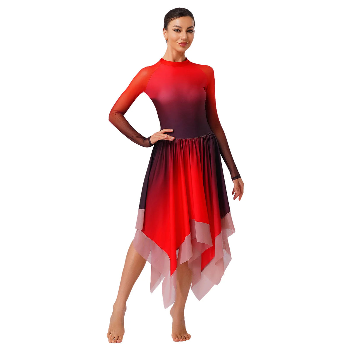 Gradient Lyrical Dance Dress | Mesh Long Sleeve | Keyhole Back | Irregular Hem