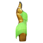Green Rhinestone Latin Dance Dress with Fringe & Tassel Details