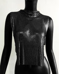 Metal Sequin Backless Crop Top with Rhinestone Chain