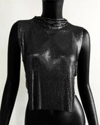 Metal Sequin Backless Crop Top with Rhinestone Chain