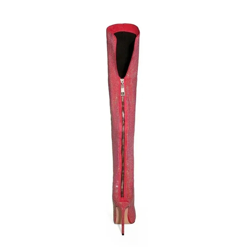 Rhinestone Over-the-Knee Stiletto Boots | Pointed Toe 12cm | 5 Colors