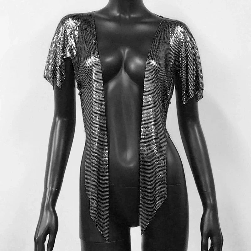 Metal Sequin Crop Cardigan - V-Neck Festival Performance Top