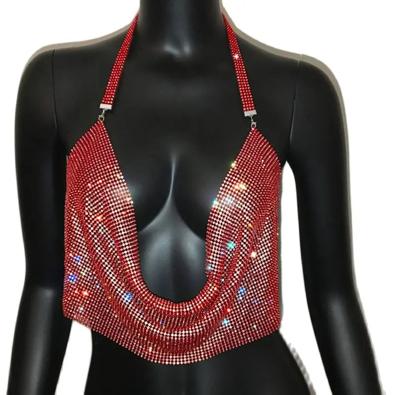 Rhinestone Crystal Deep V Crop Top - Sheer Backless Adjustable Tank