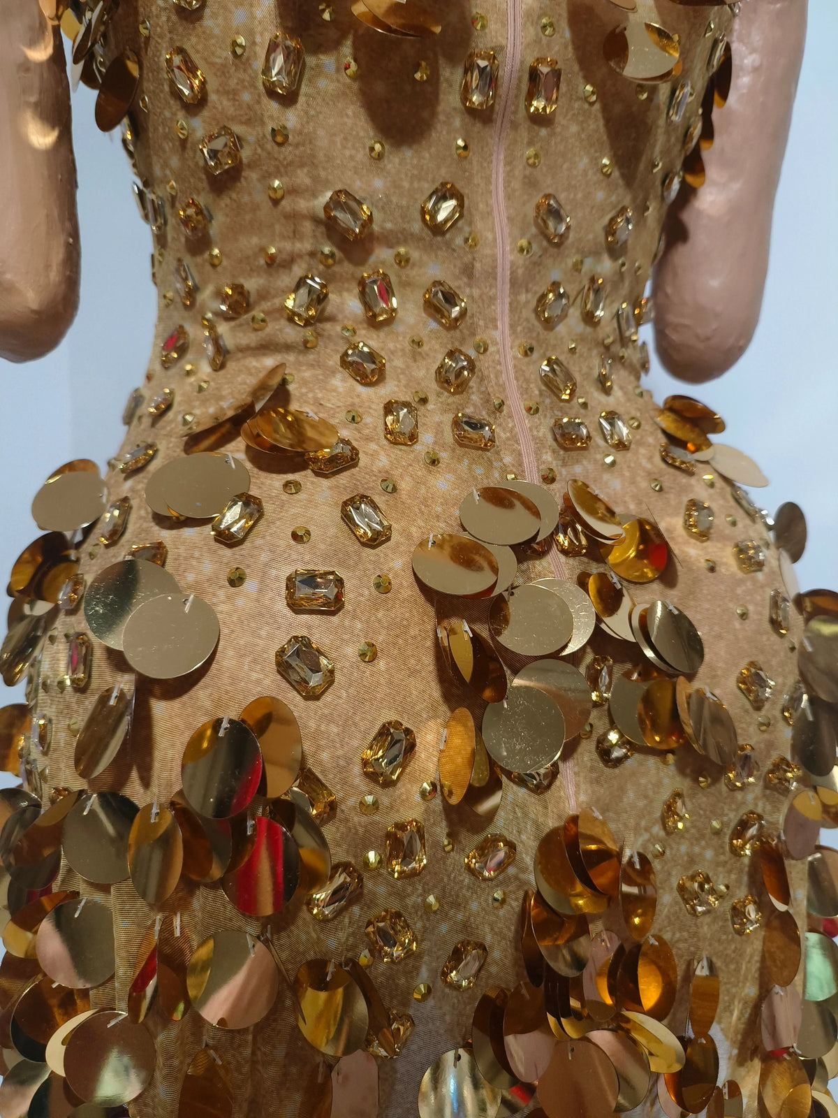 Coin Sequin & Rhinestone Mini Dress | Strapless | Gold & Silver