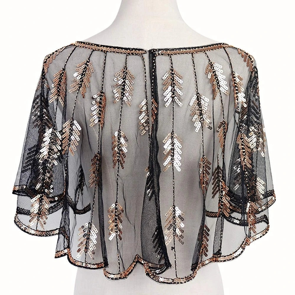 1920s Sequin Leaf Cape | Sheer Mesh Bolero | Flapper Shawl