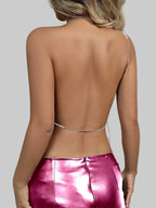 Diamond Metal Halter Crop Top - Deep V-Neck Backless Camisole