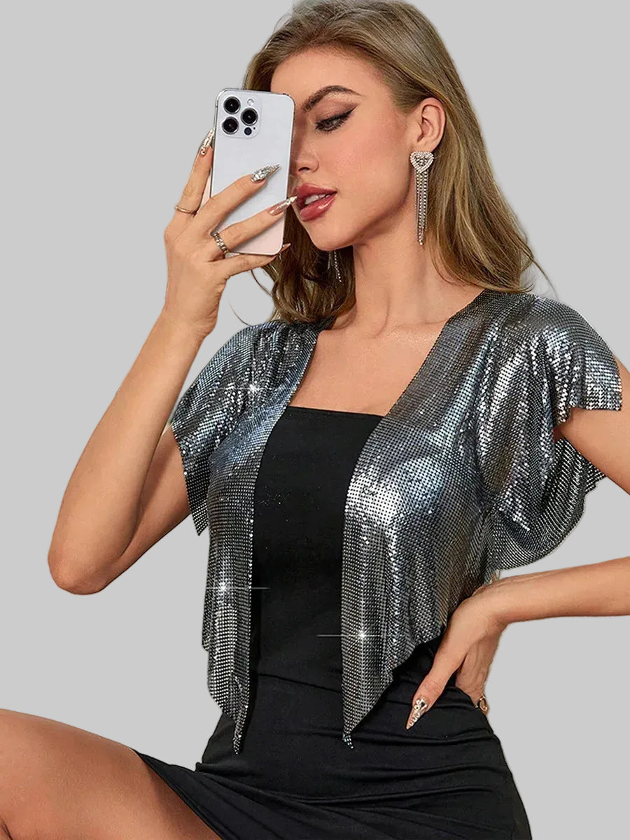 Metal Sequin Crop Cardigan - V-Neck Festival Performance Top