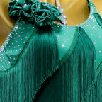 Green Rhinestone Latin Dance Dress with Fringe & Tassel Details