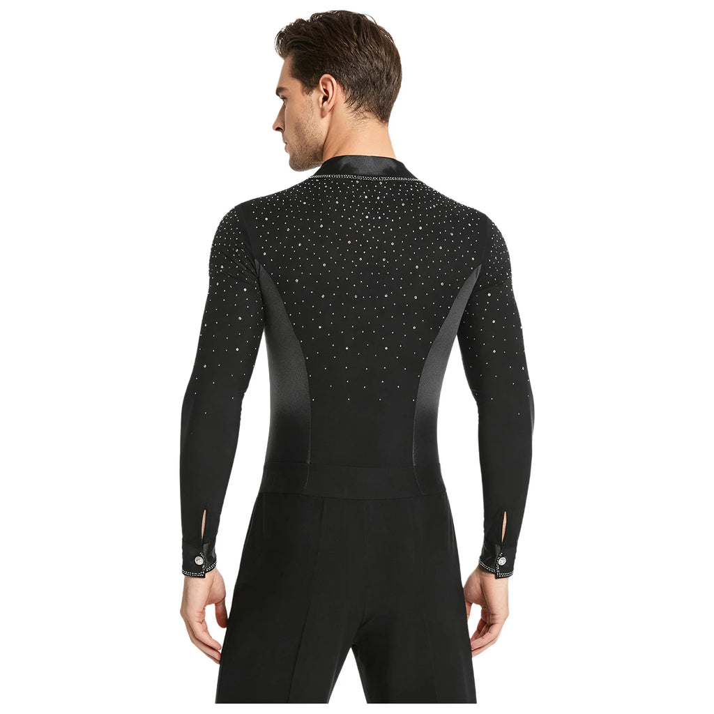 Men's Rhinestone Dance Leotard | V-Neck Lapel & Long Sleeve | Snap Crotch