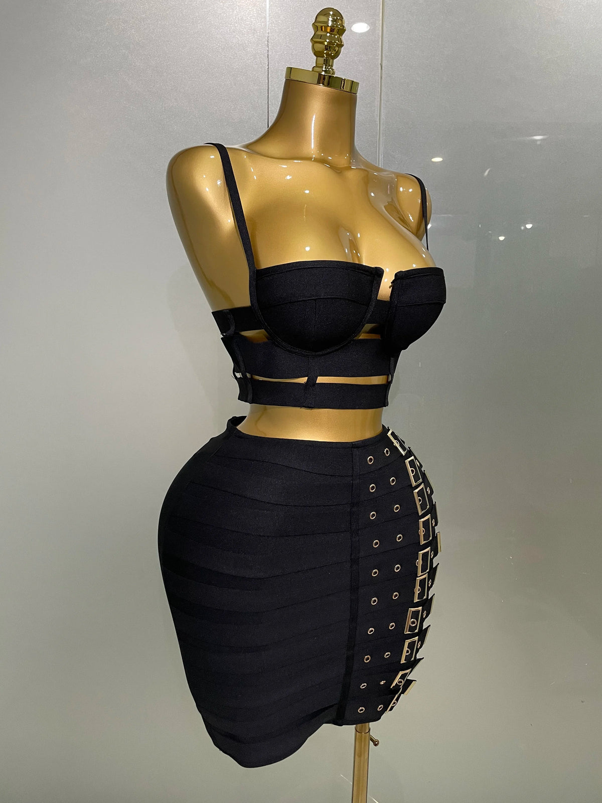 Bandage Two-Piece Set | Crop Top & Pencil Skirt | Gold Hardware