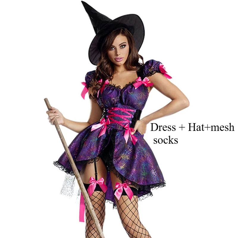 Purple Witch Costume Set | Dress, Hat & Mesh Socks | Halloween