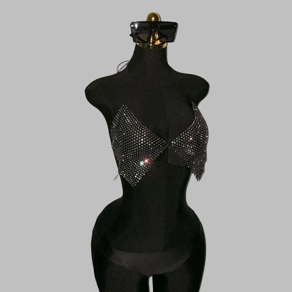 Rhinestone Mesh V-Neck Halter Crop Top