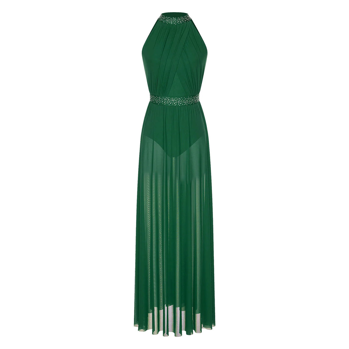 Women's Spaghetti Strap Lyrical Dance Dress | Built-In Leotard & Sheer Mesh Maxi Skirt | Front Slit