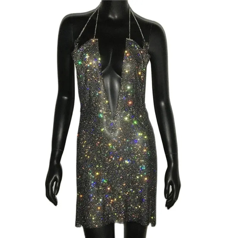 Sparkly Rhinestone Backless Halter Mini Dress - Metal Chain Party Dress